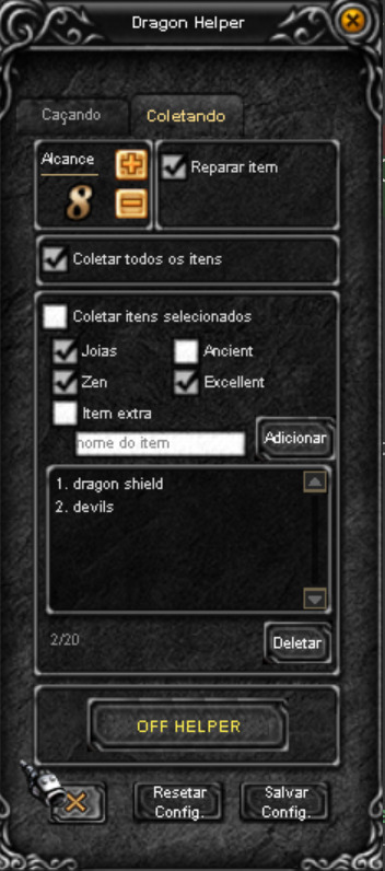 Aba Coletando da janela do Dragon Helper, com 2 nomes na lista