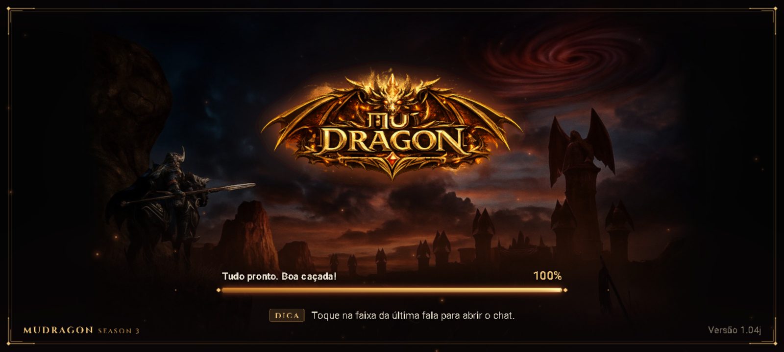 Tela de carregamento do jogo no celular, com a arte do MuDragon e a barra em 100%