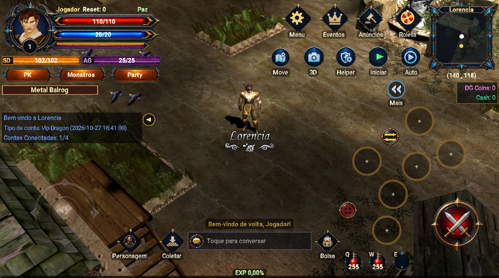 O MuDragon rodando no celular em Lorencia, com joystick, skills, poções e atalhos na tela