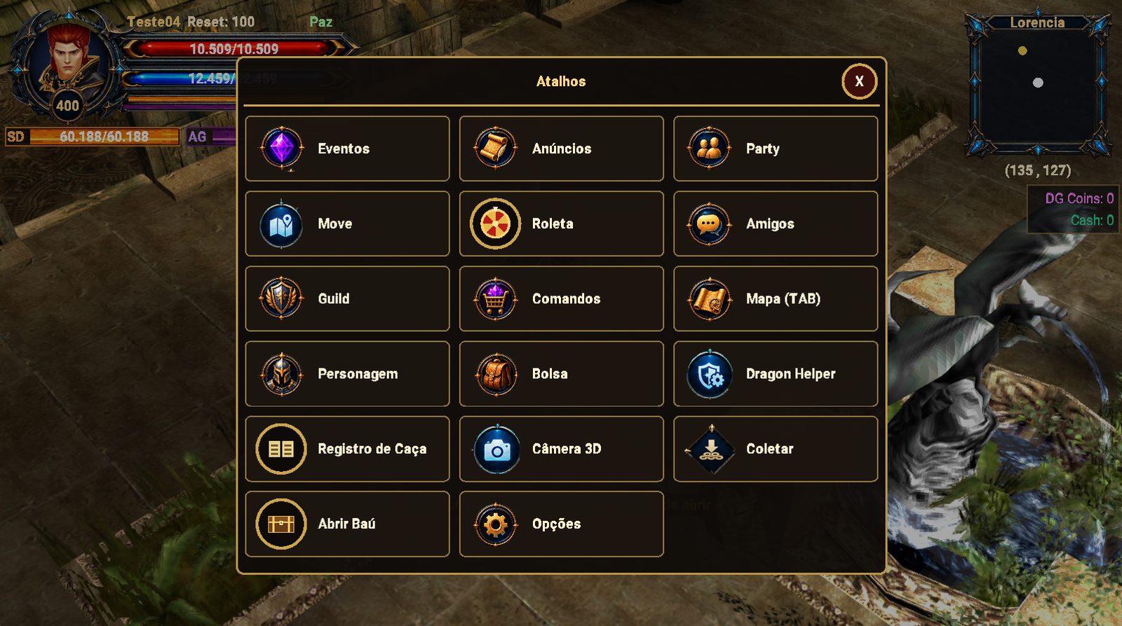 Menu Atalhos aberto: Eventos, Anúncios, Party, Move, Roleta, Amigos, Guild, Comandos, Mapa, Personagem, Bolsa, Dragon Helper, Registro de Caça, Câmera 3D, Coletar, Abrir Baú e Opções