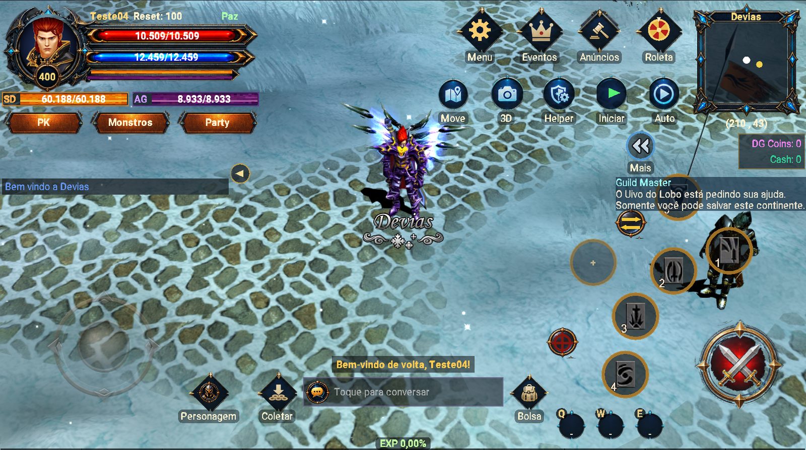 Combate no celular em Devias: joystick, botão de ataque, skills de 1 a 4 e poções no Q, W e E