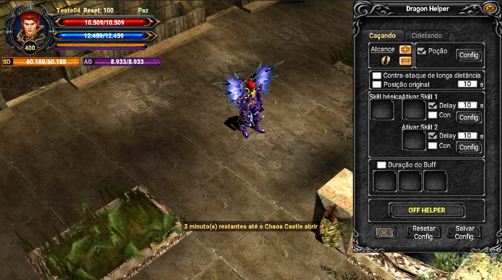 Janela do Dragon Helper no celular, com alcance, poção, skills e buffs da caçada
