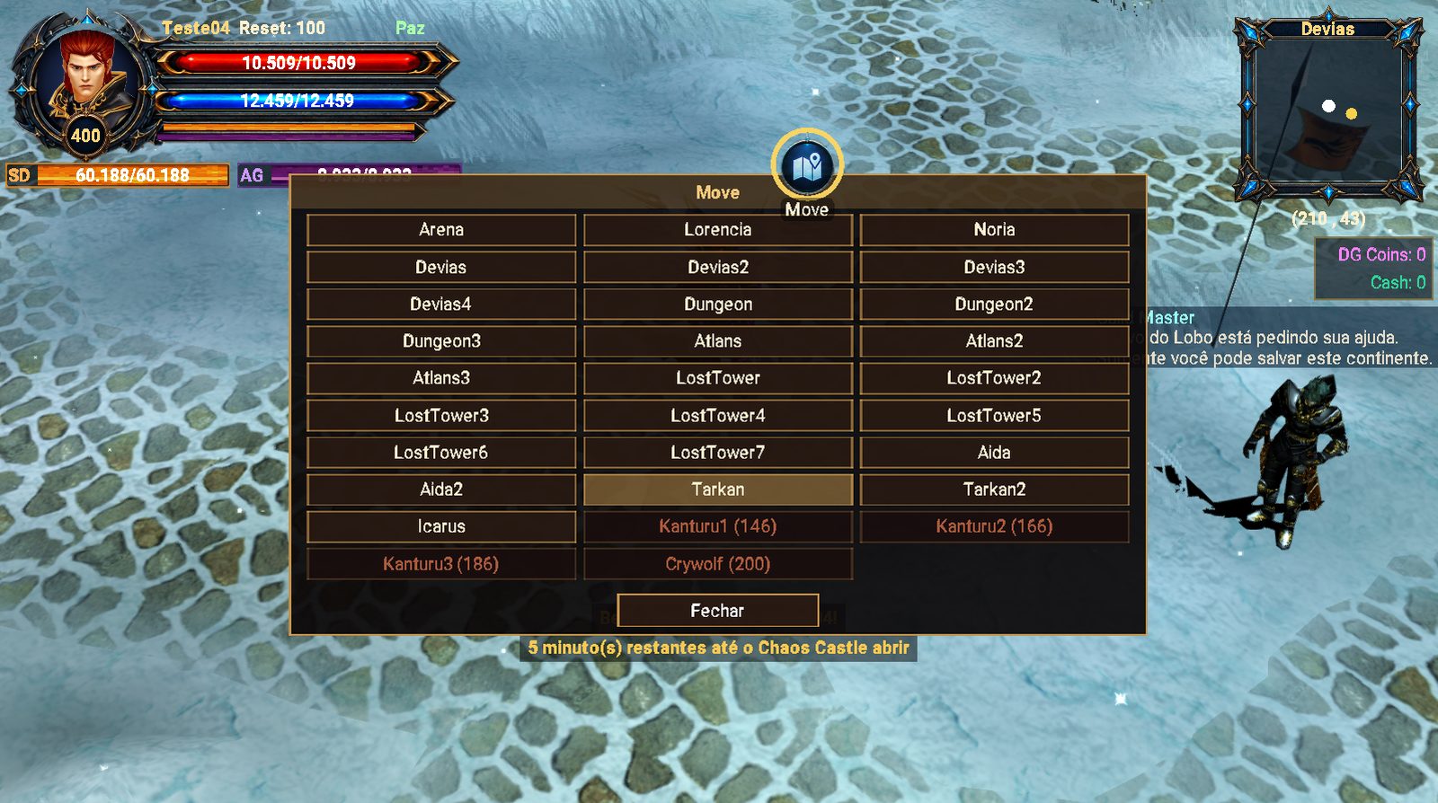 Janela do Move com a lista de mapas: Lorencia, Noria, Devias, Dungeon, Atlans, Lost Tower, Aida, Tarkan, Icarus, Kanturu e outros