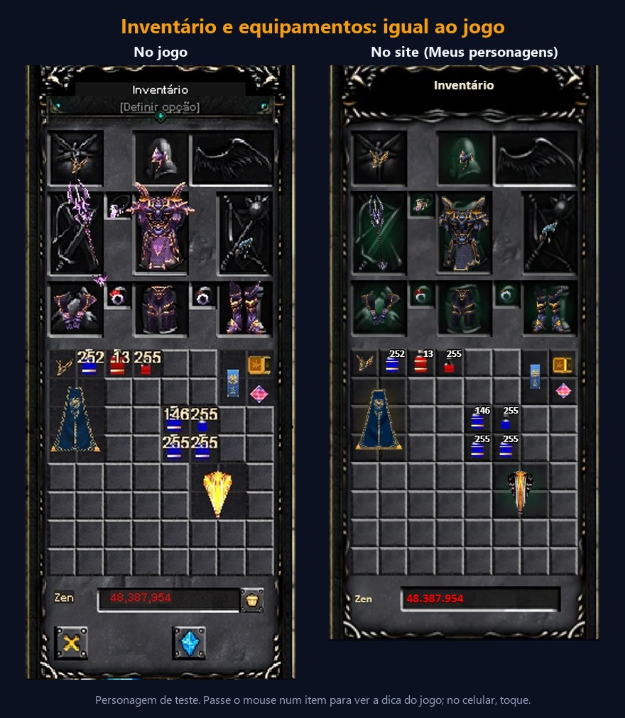 Inventário no jogo e no site, lado a lado