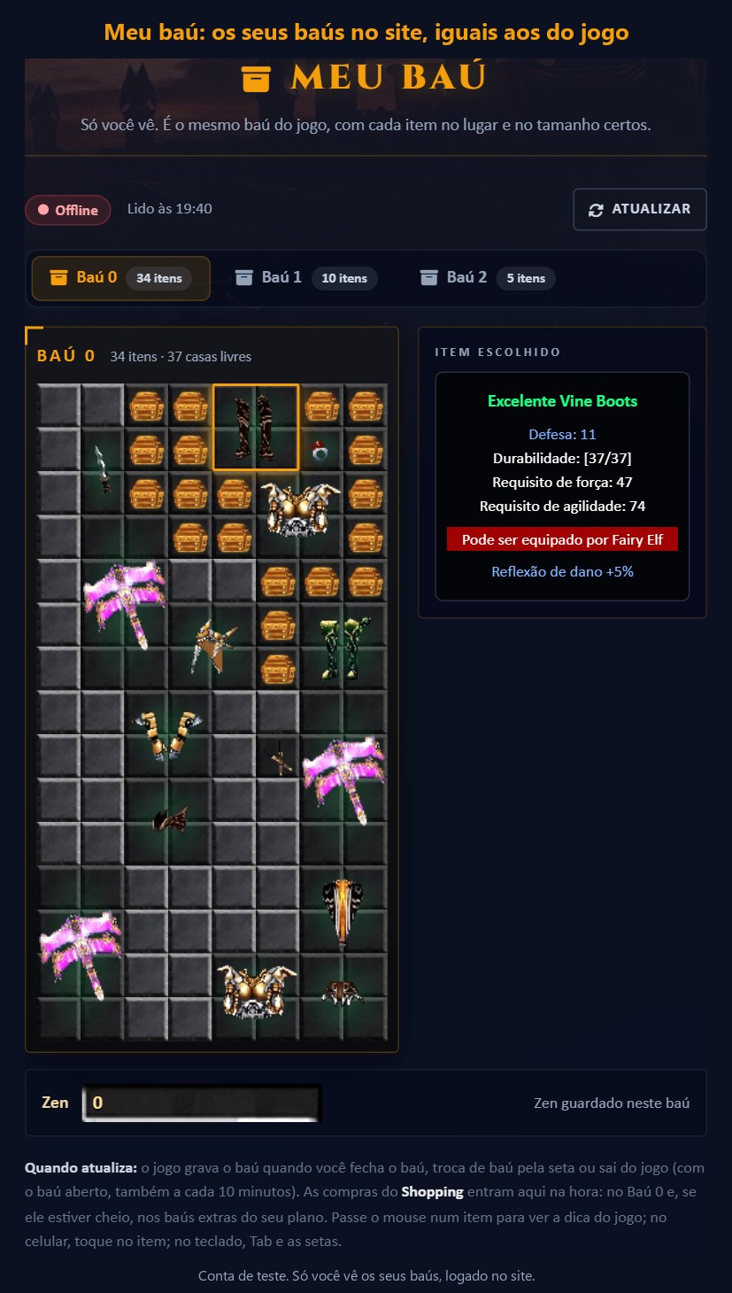 A página Meu baú, com a dica do jogo de um item